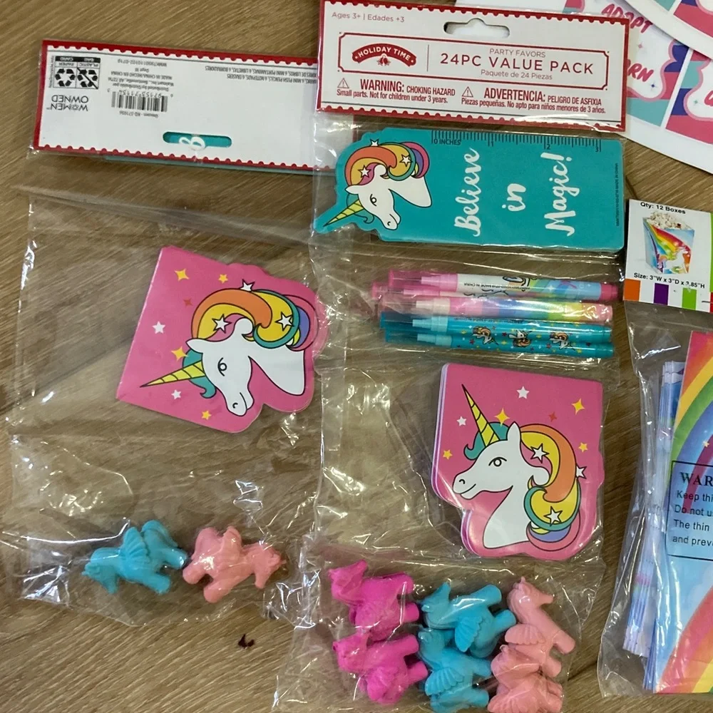 Girls Unicorn party supplies headbands mood rings plush party favors cake topper